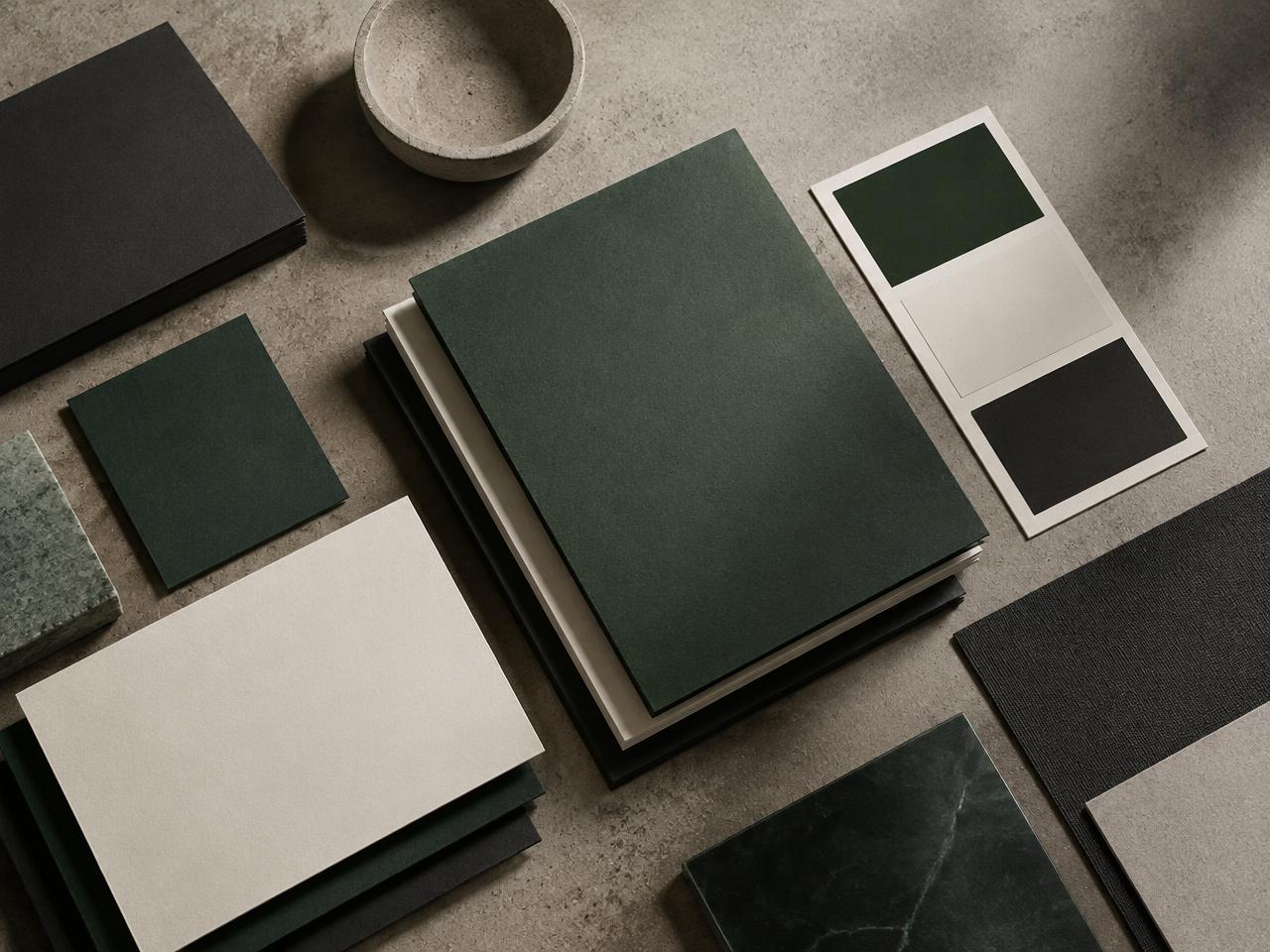 Printed brand collateral and colour swatches in deep green, off-white and charcoal